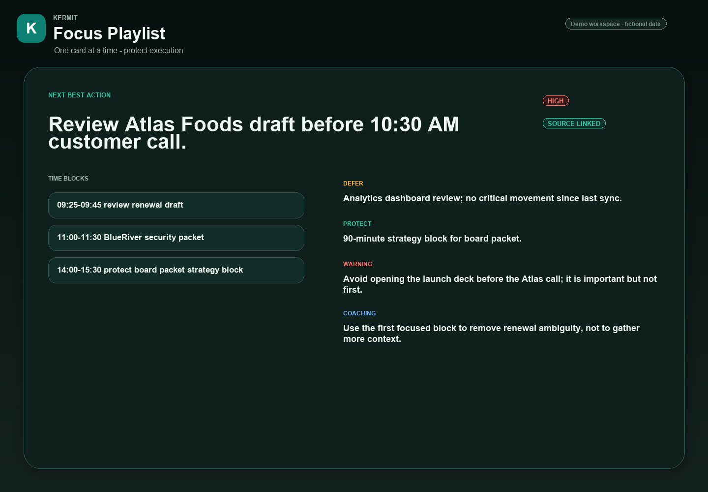 Focus mode showing a sequential playlist of high-priority items with the current item expanded.