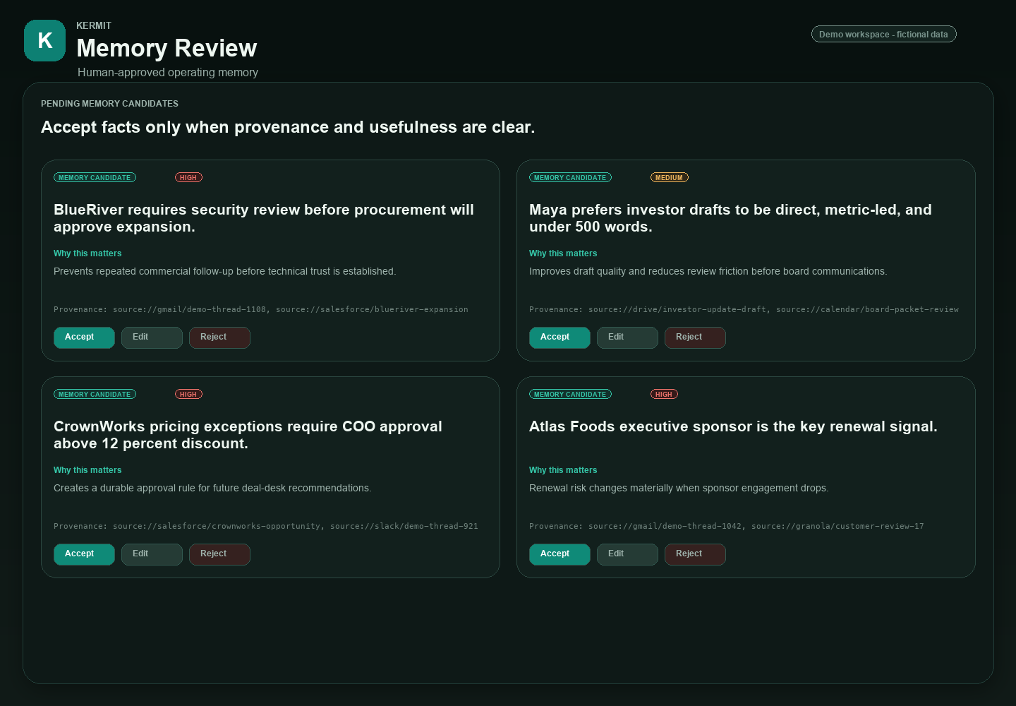 Memory review screen with candidate memories, supporting evidence, and accept / edit / discard controls.